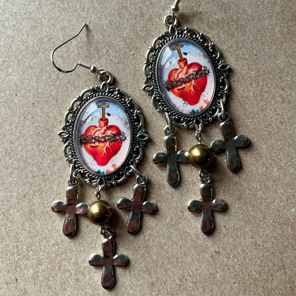 Sacred Heart Vintage Style Earrings Antiqued Silver Copper Pearl Beads